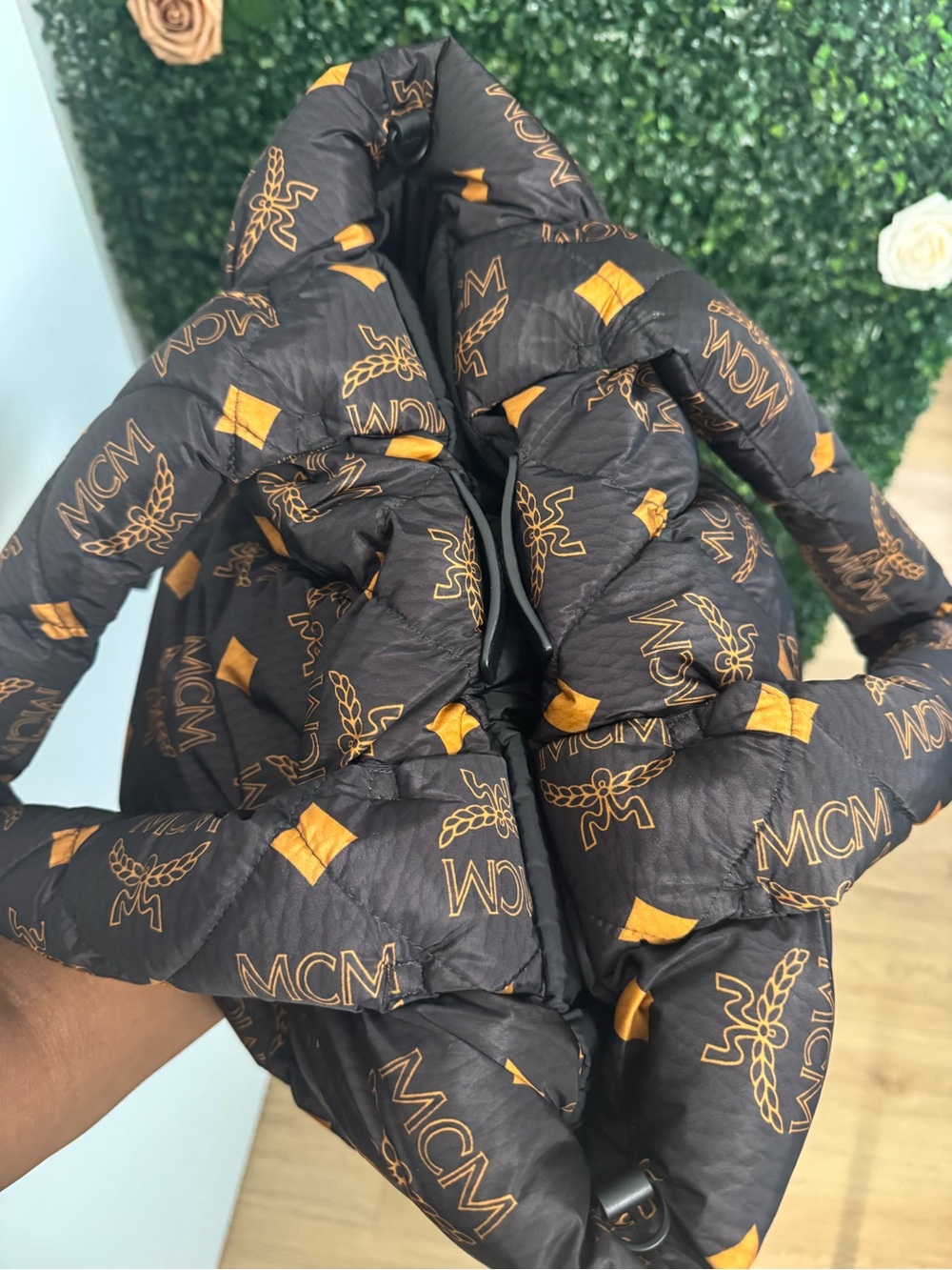 MCM Black & Cognac Logo Quilted Puffer Tote - Picture 10 of 13